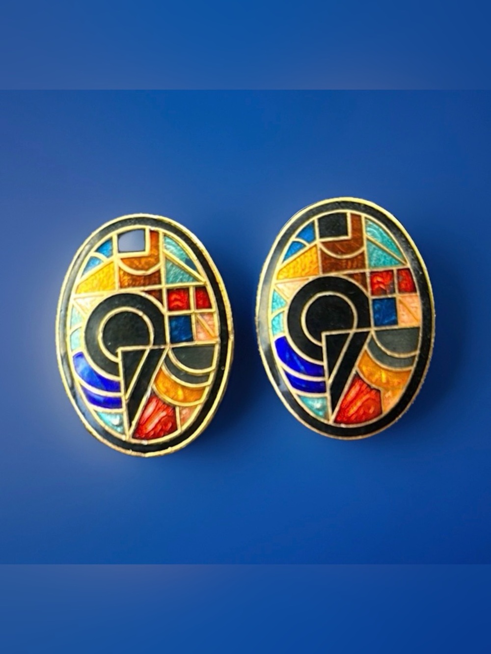 VTG Cloisonné Abstract Art Earrings Pierced Ear Posts Multicolored Stained Glass